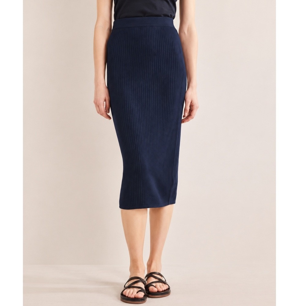 Boden Navy Merino Wool Knit Midi Pencil Skirt Ribbed Minimalist Office Size XL